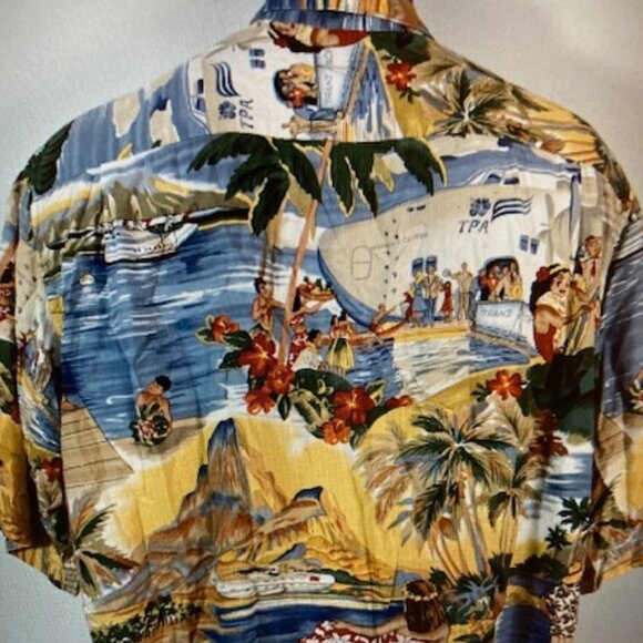 REYN SPOONER HAWAII Aloha Tropical SEA PLANE LEIS HULA DANCE WAHINE KANE Shirt L - Picture 3 of 8